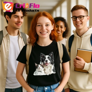 Tricou Border Collie si pisica bicolor alb negru afectiune pura Copii | Dama | Barbat, negru