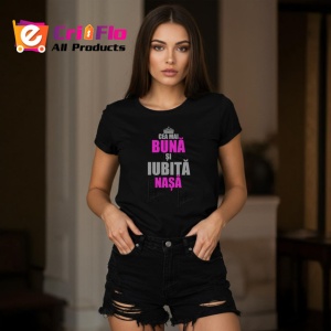 Tricou Buna Nasa V7 Text Roz Intens Negru, din bumbac 100%, tricou negru Dama - Img 2