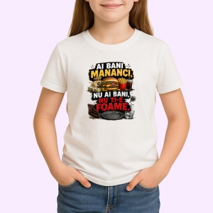 Tricou Burger Amuzant Ai Bani Mananci Mesaj Romanesc, din bumbac 100% , tricou alb pentru Copii | Dama | Barbat