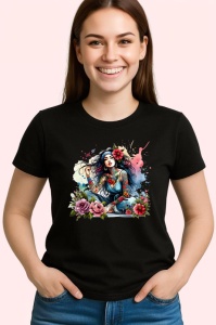 Tricou Butterfly girl pink hair coffee, fata par roz fluturi si cafea, Copii | Dama | Barbat , tricou negru