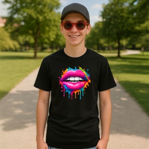 Tricou Buze Colorate Gloss Lipstick Negru, Copii | Dama | Barbat - Img 8