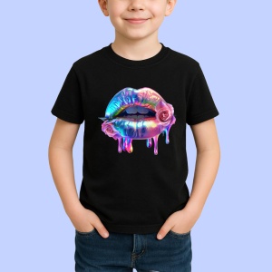 Tricou Buze crem cu trandafiri roz delicati, Lip gloss, Copii | Dama, culoare negru - Img 2