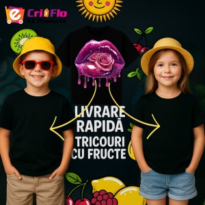Tricou Buze cu trandafir roz si stropi mov, Lip gloss, Copii | Dama, culoare negru - Img 7