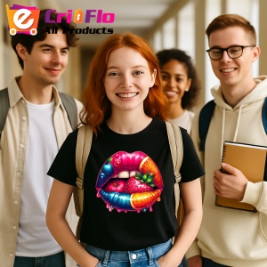 Tricou Buze femeie capsuni si portocala, Lip gloss, Copii | Dama, culoare negru - Img 5