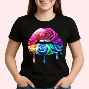 Tricou Buze femeie cu trandafir roz si stropi mov, Lip gloss, Copii | Dama, culoare negru - Img 2