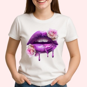 Tricou Buze femeie jumatate rosu jumatate negru cu trandafiri, Lip gloss, Copii | Dama - Img 3
