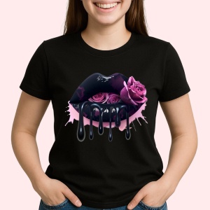 Tricou Buze femeie negre cu doi trandafiri roz inchis, Lip gloss, Copii | Dama, culoare negru