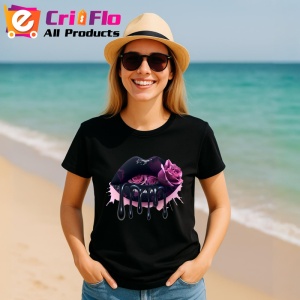 Tricou Buze femeie negre cu doi trandafiri roz inchis, Lip gloss, Copii | Dama, culoare negru - Img 6