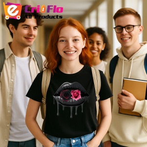 Tricou Buze femeie negre cu trandafir roz deschis, Lip gloss, Copii | Dama, culoare negru - Img 16