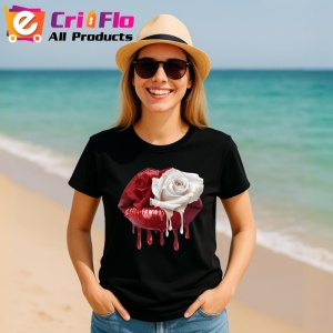 Tricou Buze femeie rosii si negre cu trandafir bicolor, Lip gloss, Copii | Dama, culoare negru - Img 17