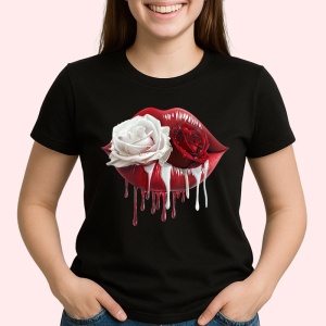 Tricou Buze femeie rosu si alb cu trandafiri duali, Lip gloss, Copii | Dama, culoare negru