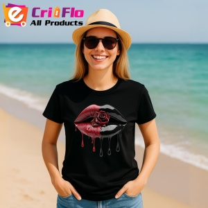 Tricou Buze femeie rosu si negru cu trandafir central, Lip gloss, Copii | Dama, culoare negru - Img 11