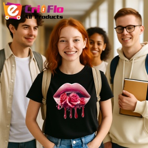 Tricou Buze femeie rosu si negru cu trandafir central, Lip gloss, Copii | Dama, culoare negru - Img 16