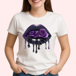 Tricou Buze femeie violet cu trandafiri roz si mov, Lip gloss, Copii | Dama