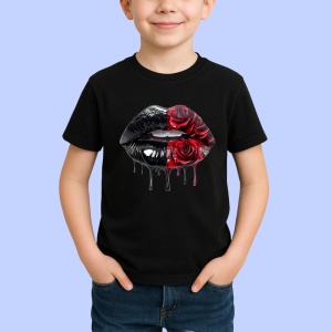 Tricou Buze jumatate rosu jumatate negru cu trandafiri, Lip gloss, Copii | Dama, culoare negru