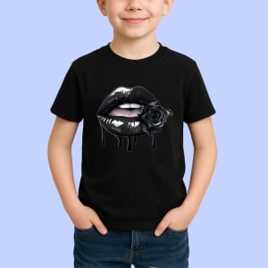 Tricou Buze negre lucioase cu doi trandafiri rosii, Lip gloss, Copii | Dama, culoare negru - Img 2