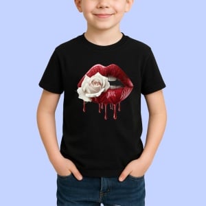 Tricou Buze pastel cu trandafir violet, Lip gloss, Copii | Dama, culoare negru - Img 3