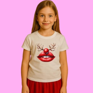 Tricou Buze Rosii Cu Coarne De Ren Craciun, din bumbac 100%, tricou alb, Copii | Dama | Barbat