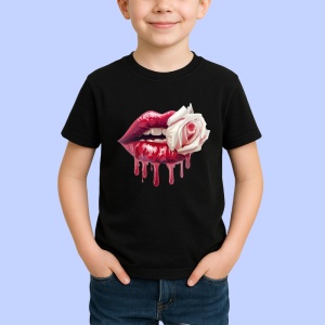 Tricou Buze rosii cu trandafir alb contrastant, Lip gloss, Copii | Dama, culoare negru - Img 3