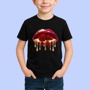 Tricou Buze rosii cu trandafir rosu si sclipici, Lip gloss, Copii | Dama, culoare negru - Img 3