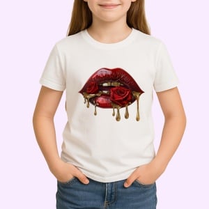 Tricou Buze rosu cu trandafir roz si lumina delicata, Lip gloss, Copii | Dama - Img 3