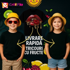 Tricou Buze rosu cu trandafir roz si lumina delicata, Lip gloss, Copii | Dama, culoare negru - Img 18