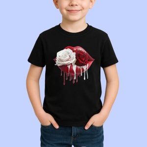 Tricou Buze rosu intens cu trandafir si auriu lichid, Lip gloss, Copii | Dama, culoare negru - Img 2