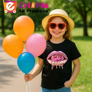 Tricou Buze roz lucios cu trandafiri pastel, Lip gloss, Copii | Dama, culoare negru - Img 9