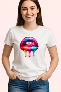 Tricou Buze roz mov cu efect lichid lucios fundal alb Copii | Dama | Barbat - Img 3