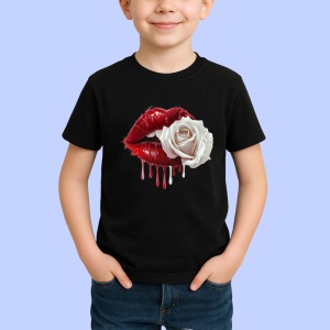 Tricou Buze stropite cu trandafir alb elegant, Lip gloss, Copii | Dama, culoare negru