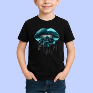 Tricou Buze turcoaz cu trandafiri roz pal, Lip gloss, Copii | Dama, culoare negru - Img 2