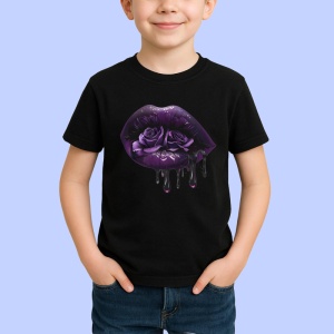 Tricou Buze violet cu trandafiri roz si mov, Lip gloss, Copii | Dama, culoare negru - Img 2
