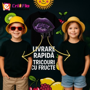 Tricou Buze violet cu trandafiri roz si mov, Lip gloss, Copii | Dama, culoare negru - Img 12