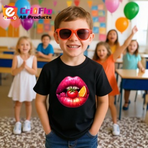 Tricou Buze violet cu trandafiri roz si mov, Lip gloss, Copii | Dama, culoare negru - Img 16
