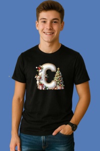 Tricou C Litere Craciun Cu Ren, Brad, Luminite Si Cadouri, din bumbac 100% Copii | Dama | Barbat