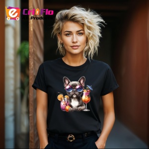 Tricou Caine bulldog francez ochelari cocktail tropical roz, Copii | Dama | Barbat , tricou negru - Img 8