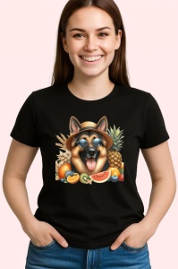 Tricou Caine ciobanesc palarie fructe ochelari vara, Copii | Dama | Barbat , tricou negru - Img 3