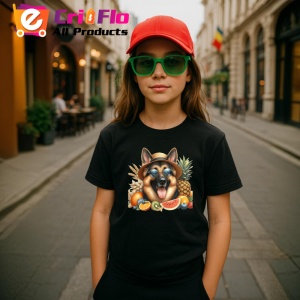 Tricou Caine ciobanesc palarie fructe ochelari vara, Copii | Dama | Barbat , tricou negru