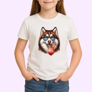 Tricou caine husky ochelari cocktail roz cu floare, Copii | Dama | Barbat - Img 3
