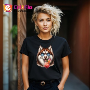 Tricou Caine husky ochelari cocktail roz cu floare, Copii | Dama | Barbat , tricou negru - Img 8