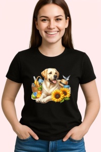 Tricou Caine labrador cos picnic floarea soarelui vara, Copii | Dama | Barbat , tricou negru - Img 3