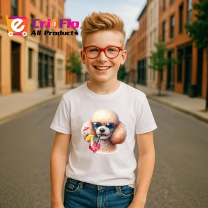 Tricou caine pudel crem ochelari cocktail roz cu pai, Copii | Dama | Barbat