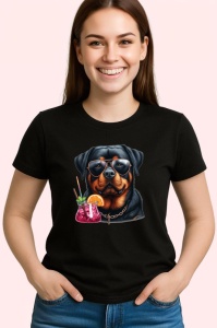 Tricou Caine rottweiler ochelari negri cocktail roz, Copii | Dama | Barbat , tricou negru