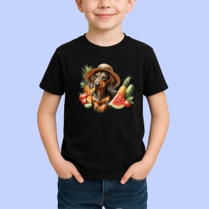 Tricou Caine teckel palarie pepene rosie porumb vara, Copii | Dama | Barbat , tricou negru - Img 2