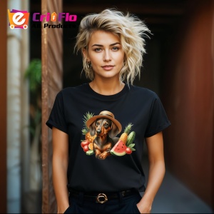 Tricou Caine teckel palarie pepene rosie porumb vara, Copii | Dama | Barbat , tricou negru - Img 8