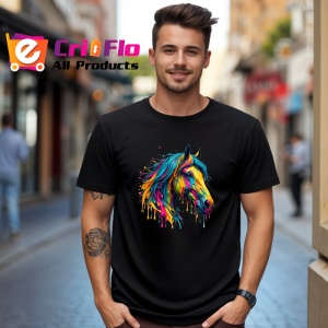 Tricou Cap cal multicolor arta vibranta cu efecte de vopsea Copii | Dama | Barbat, culoare negru - Img 6