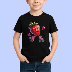 Tricou Capsuna amuzanta de vara pe role, Fructe, Copii | Dama, culoare negru