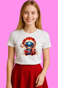 Tricou Captain America Christmas Chibi Cu Caciula Si Scut, din bumbac 100%, tricou alb, Copii | Dama | Barbat - Img 3