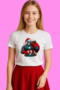 Tricou Captain America Christmas Cu Caciula Si Baston Bomboana, din bumbac 100%, tricou alb, Copii | Dama | Barbat - Img 3