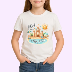 Tricou Castel de nisip cu soare text the pool is my happy place Copii | Dama | Barbat Barbat - Img 3